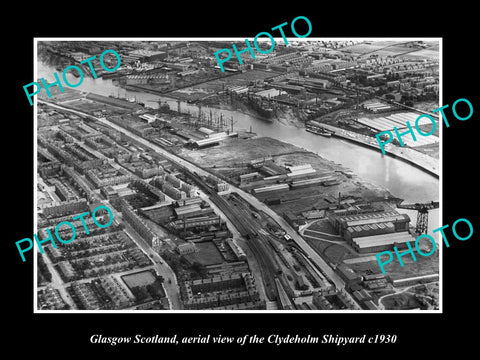 OLD LARGE HISTORIC PHOTO GLASGOW SCOTLAND, AERIAL VIEW CLYDEHOLM SHIPYARD c1930