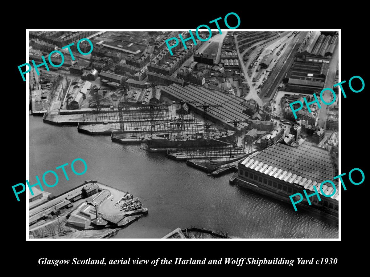 OLD LARGE HISTORIC PHOTO GLASGOW SCOTLAND, AERIAL VIEW OF H/F SHIPYARDS c1930