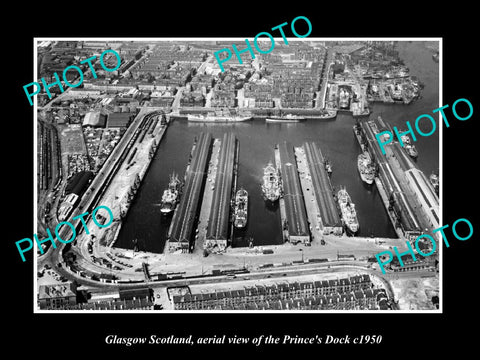 OLD LARGE HISTORIC PHOTO GLASGOW SCOTLAND, AERIAL VIEW OF PRINCES DOCK c1950