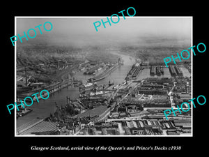 OLD LARGE HISTORIC PHOTO GLASGOW SCOTLAND, AERIAL VIEW QUEEN & PRINCES DOCK 1930