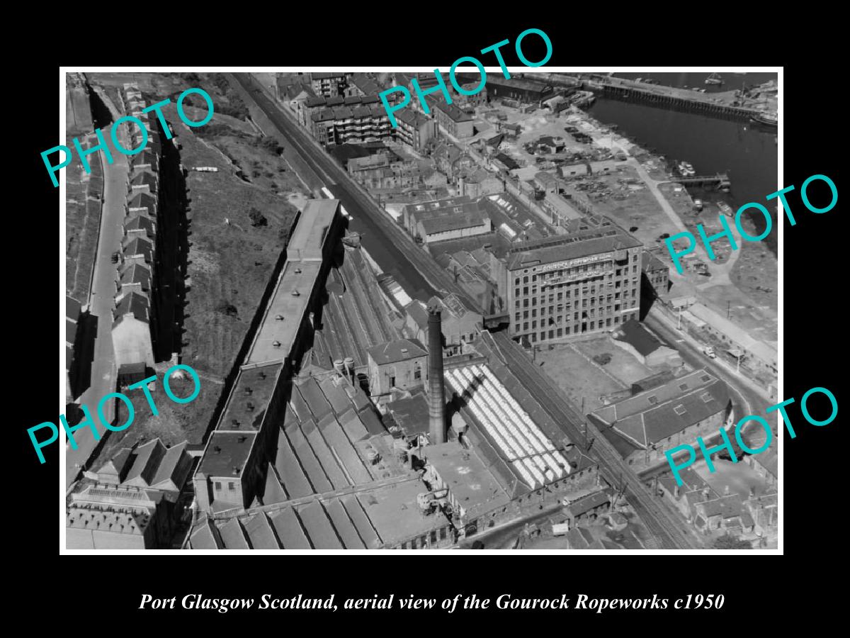 OLD LARGE HISTORIC PHOTO PORT GLASGOW SCOTLAND, AERIAL VIEW OF ROPEWORKS c1950