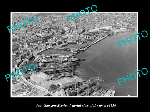 OLD LARGE HISTORIC PHOTO PORT GLASGOW SCOTLAND, AERIAL VIEW OF THE TOWN c1950