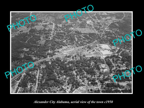 OLD LARGE HISTORIC PHOTO ALEXANDER CITY ALABAMA, AERIAL VIEW OF THE TOWN c1950