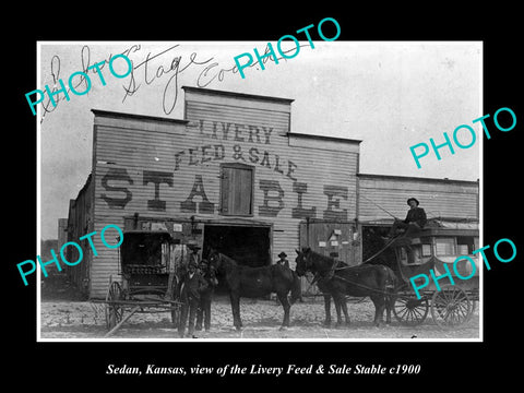 OLD LARGE HISTORIC PHOTO OF SEDAN KANSAS, VIEW OF THE FEED STABLES c1900