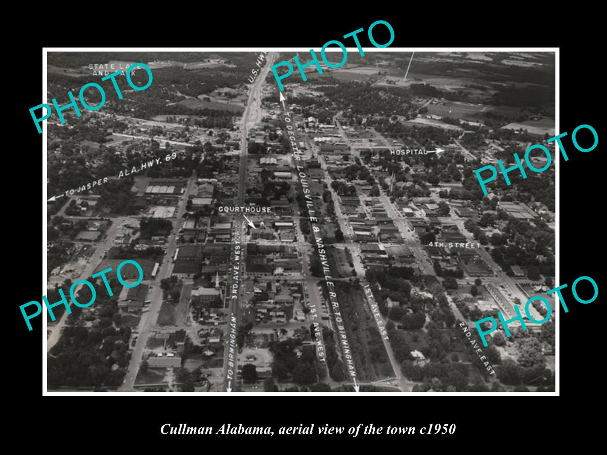 OLD LARGE HISTORIC PHOTO CULLMAN ALABAMA, AERIAL VIEW OF THE TOWN c1950