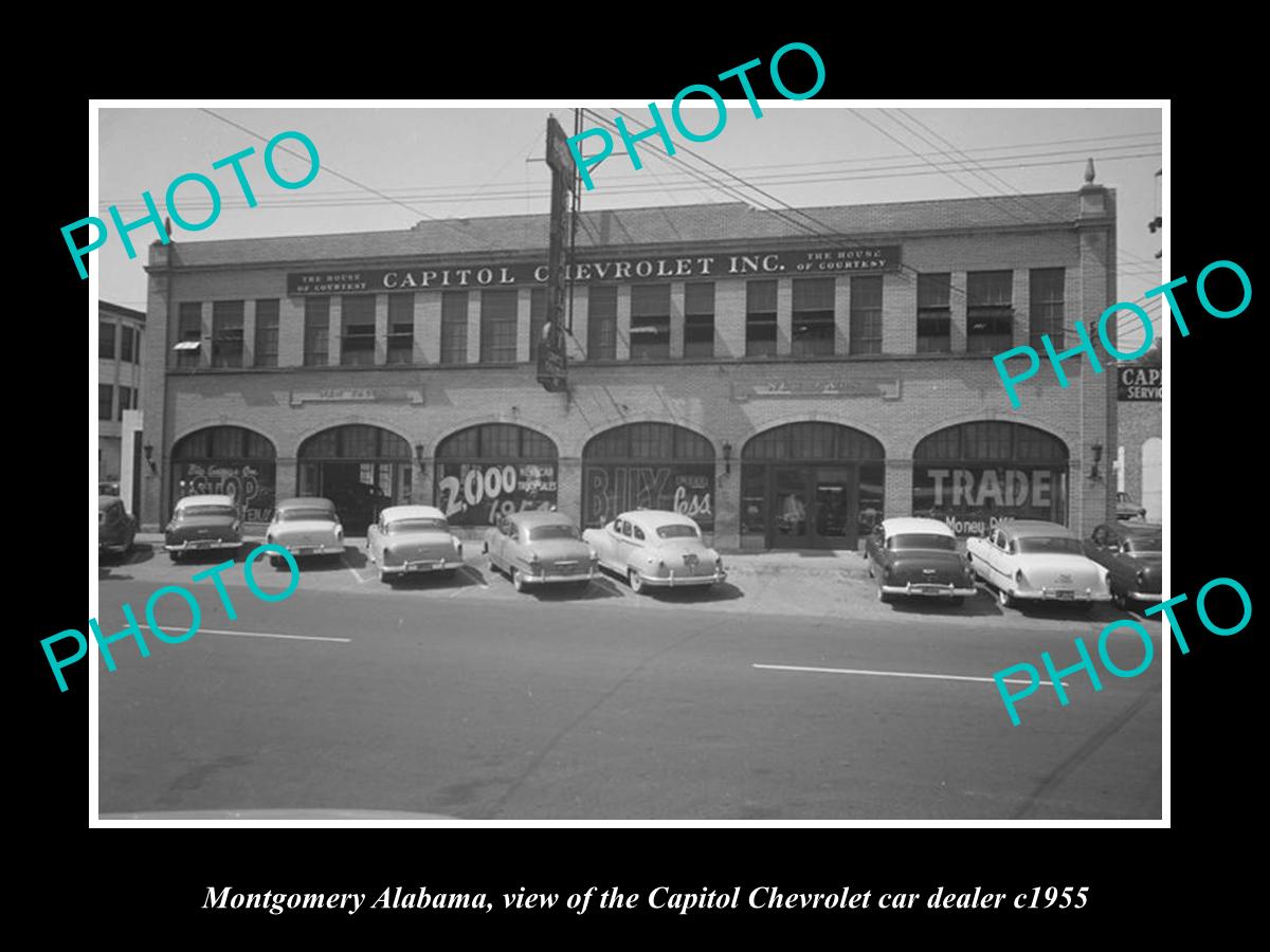 OLD LARGE HISTORIC PHOTO MONTGOMERY ALABAMA, CAPITAL CHEVROLET CAR STORE c1955