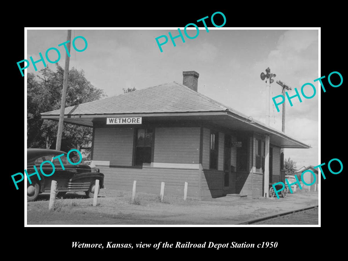 OLD LARGE HISTORIC PHOTO OF WETMORE KANSAS, THE RAILROAD DEPOT STATION c1950