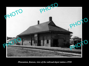 OLD LARGE HISTORIC PHOTO OF PLEASANTON KANSAS, VIEW OF THE RAILROAD DEPOT c1950