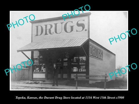 OLD LARGE HISTORIC PHOTO OF TOPEKA KANSAS, VIEW OF THE DURANT DRUG STORE c1900