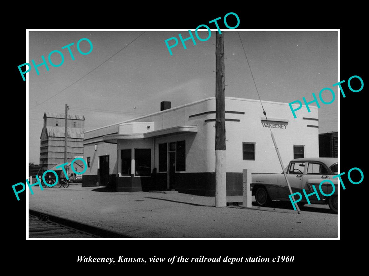 OLD LARGE HISTORIC PHOTO OF WAKEENEY KANSAS, VIEW OF THE RAILROAD DEPOT c1960