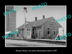 OLD LARGE HISTORIC PHOTO OF WESKAN KANSAS, VIEW OF THE RAILROAD DEPOT c1950