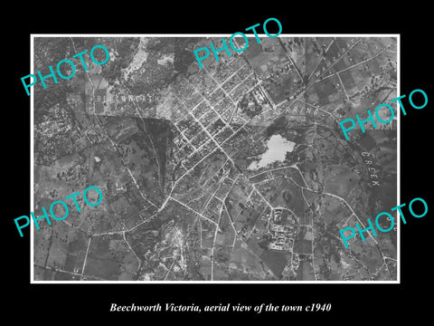 OLD LARGE HISTORIC PHOTO OF BEECHWORTH VICTORIA, AERIAL VIEW OF THE TOWN c1940