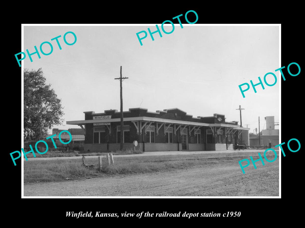 OLD LARGE HISTORIC PHOTO OF WINFIELD KANSAS, VIEW OF THE RAILROAD DEPOT c1950