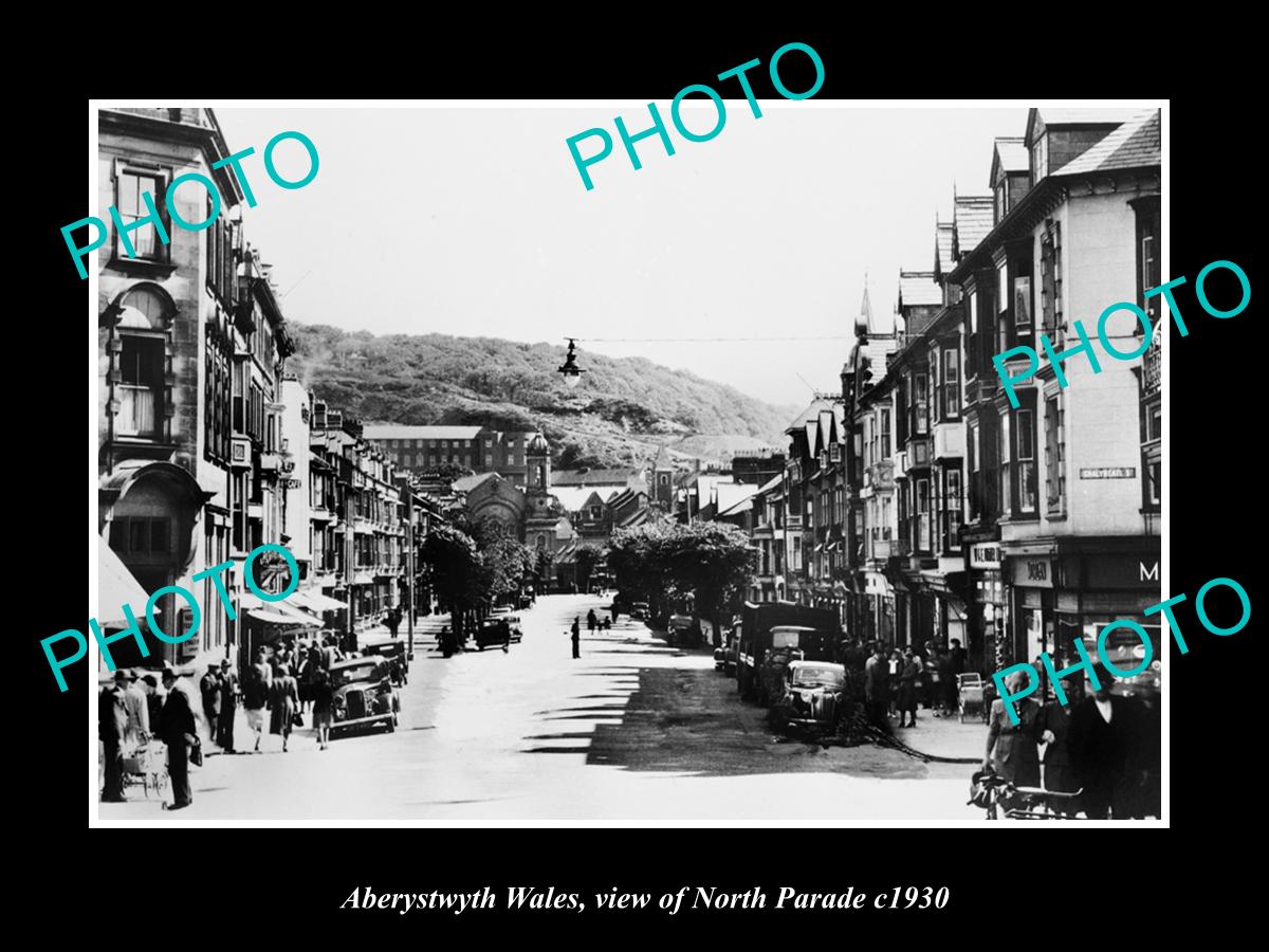 OLD LARGE HISTORIC PHOTO ABERYSTWYTH WALES, VIEW OF NORTH PARADE & STORES c1930