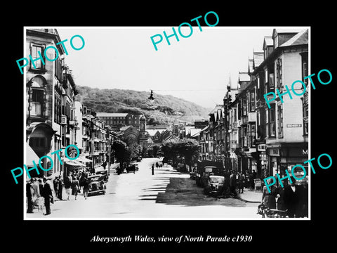 OLD LARGE HISTORIC PHOTO ABERYSTWYTH WALES, VIEW OF NORTH PARADE & STORES c1930