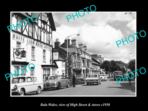 OLD LARGE HISTORIC PHOTO BALA WALES, VIEW OF HIGH STREET & STORES c1950