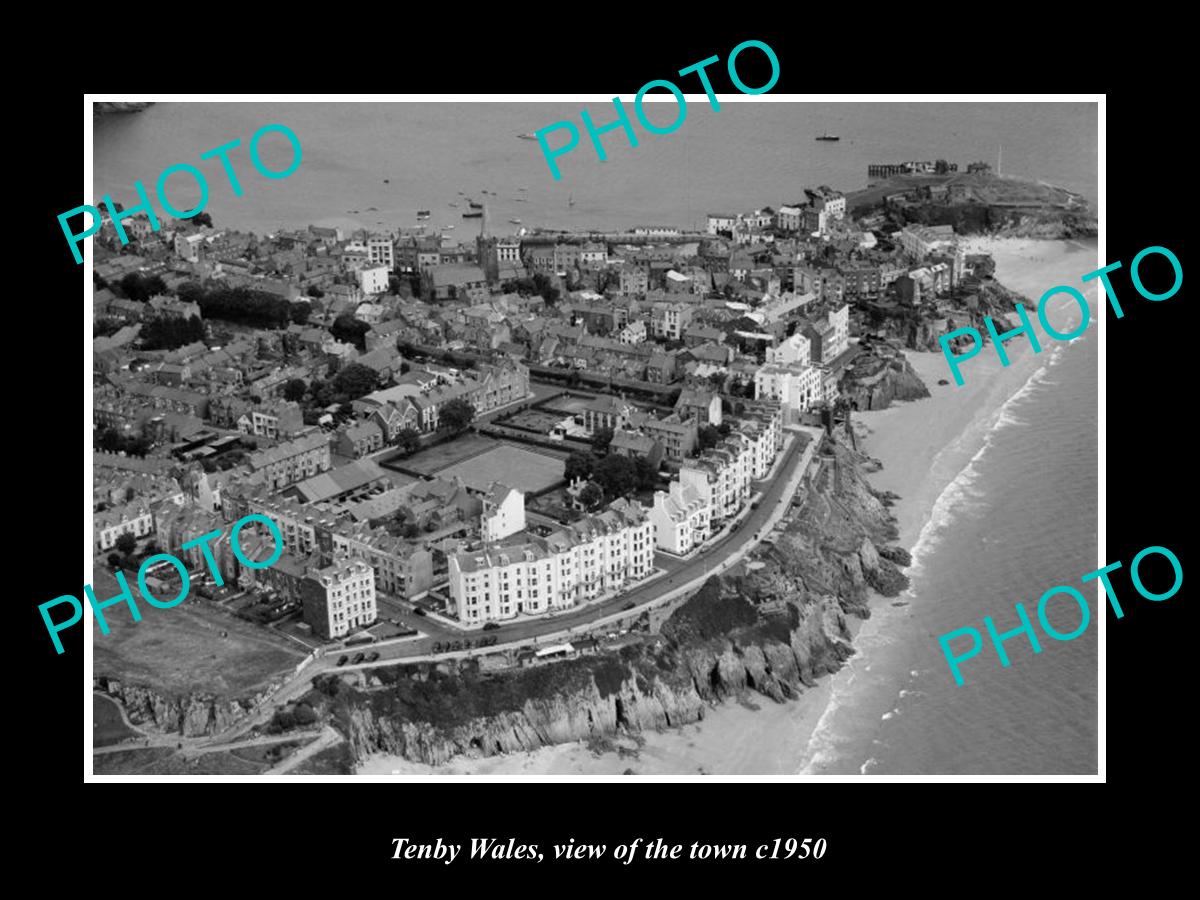 OLD LARGE HISTORIC PHOTO OF TENBY WALES, VIEW OF THE TOWN c1950