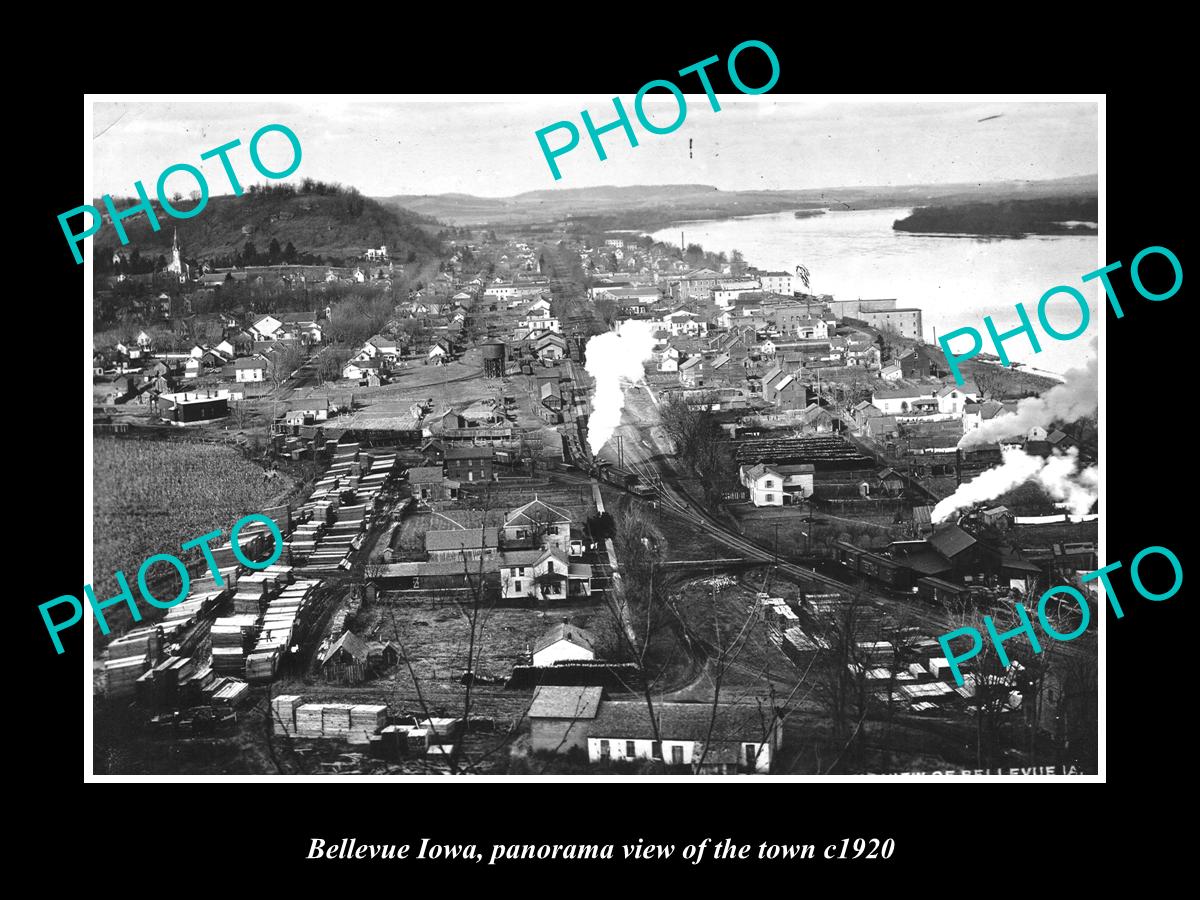 OLD LARGE HISTORIC PHOTO OF BELLEVUE IOWA, PANORAMA OF THE TOWN c1920