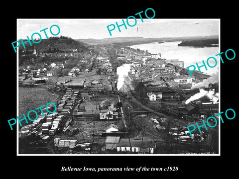 OLD LARGE HISTORIC PHOTO OF BELLEVUE IOWA, PANORAMA OF THE TOWN c1920