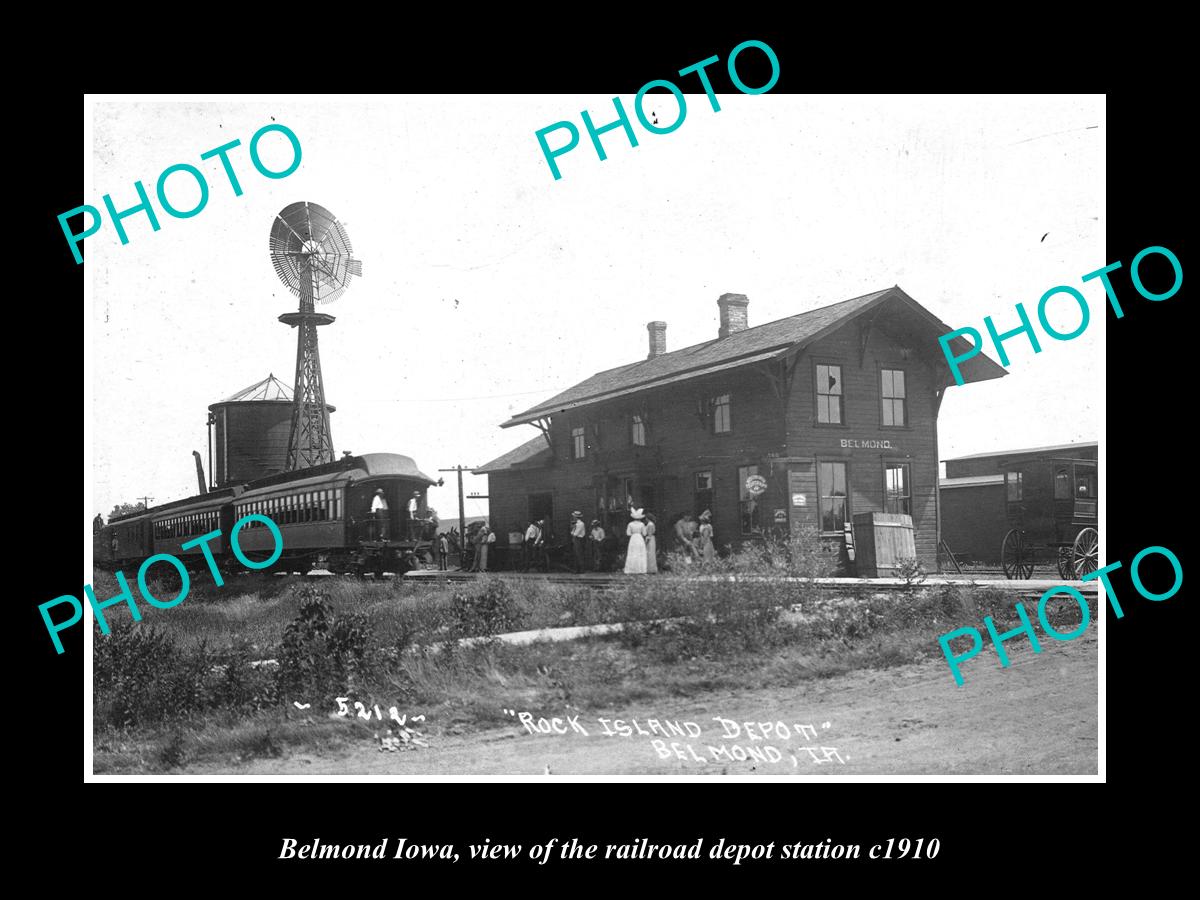 OLD LARGE HISTORIC PHOTO OF BELMOND IOWA, THE RAILROAD DEPOT STATION c1910