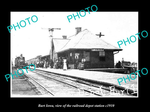 OLD LARGE HISTORIC PHOTO OF BURT IOWA, THE RAILROAD DEPOT STATION c1910