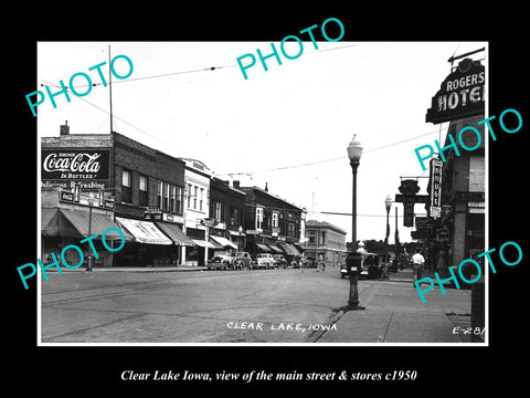 OLD LARGE HISTORIC PHOTO OF CLEAR LAKE IOWA, THE MAIN STREET & STORES c1950