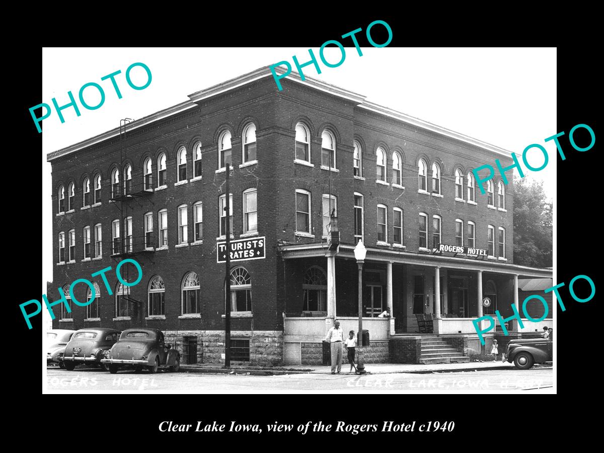 OLD LARGE HISTORIC PHOTO OF CLEAR LAKE IOWA, VIEW OF THE ROGERS HOTEL c1940