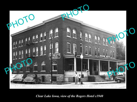 OLD LARGE HISTORIC PHOTO OF CLEAR LAKE IOWA, VIEW OF THE ROGERS HOTEL c1940