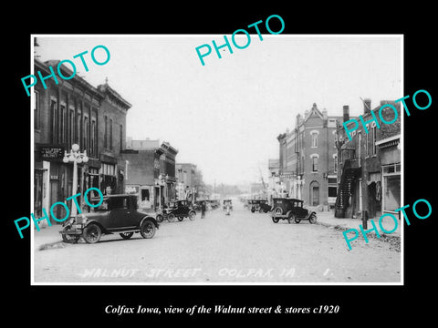 OLD LARGE HISTORIC PHOTO OF COLFAX IOWA, VIEW OF WALNUT ST & STORES c1920