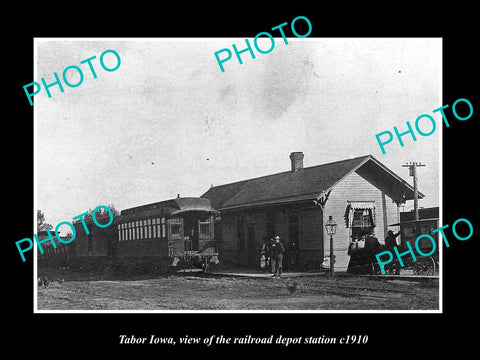 OLD LARGE HISTORIC PHOTO OF TABOR IOWA, VIEW OF THE RAILROAD DEPOT c1910