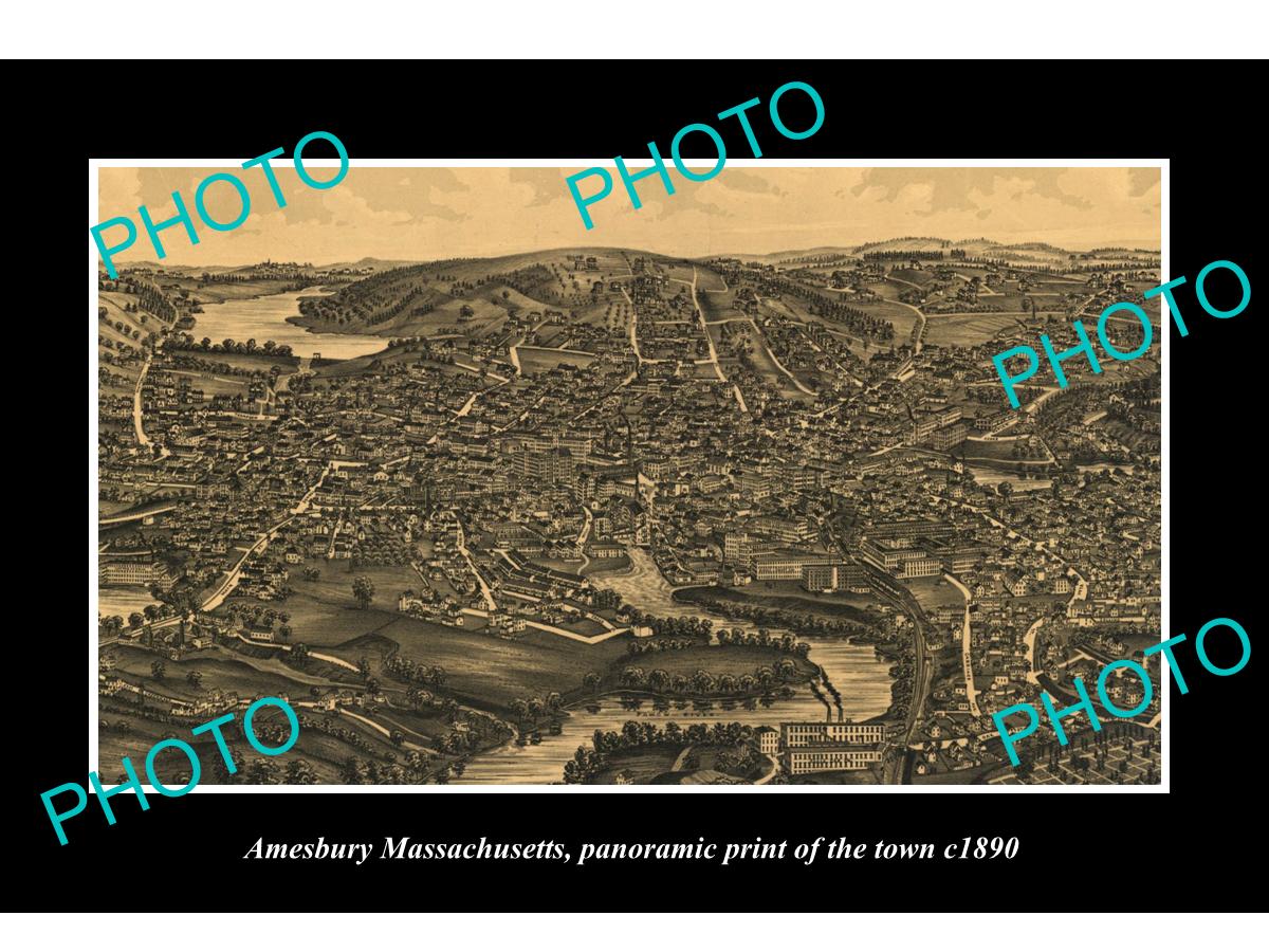 OLD LARGE HISTORIC PHOTO OF AMESBURY MASSACHUSETTS, PANORAMA OF THE TOWN c1890