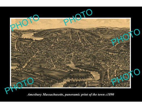 OLD LARGE HISTORIC PHOTO OF AMESBURY MASSACHUSETTS, PANORAMA OF THE TOWN c1890