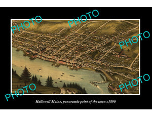 OLD LARGE HISTORIC PHOTO OF HALLOWELL MAINE, PANORAMA OF THE TOWN c1890