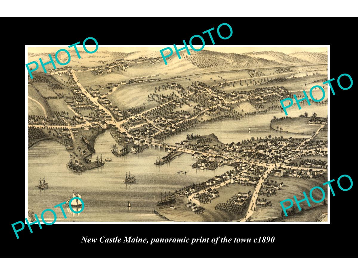 OLD LARGE HISTORIC PHOTO OF NEW CASTLE MAINE, PANORAMA OF THE TOWN c1890