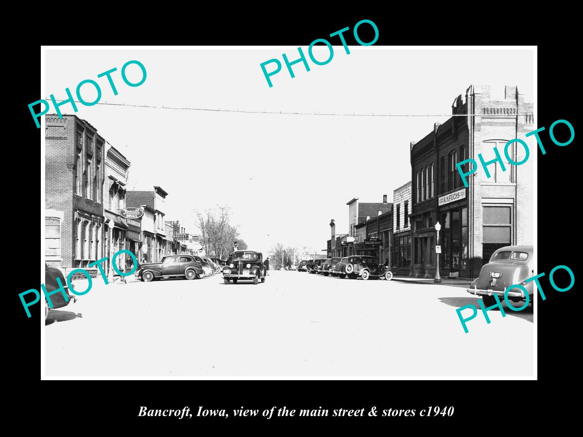 OLD LARGE HISTORIC PHOTO OF BANCROFT IOWA, THE MAIN STREET & STORES c1940