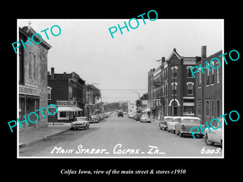 OLD LARGE HISTORIC PHOTO OF COLFAX IOWA, THE MAIN STREET & STORES c1950