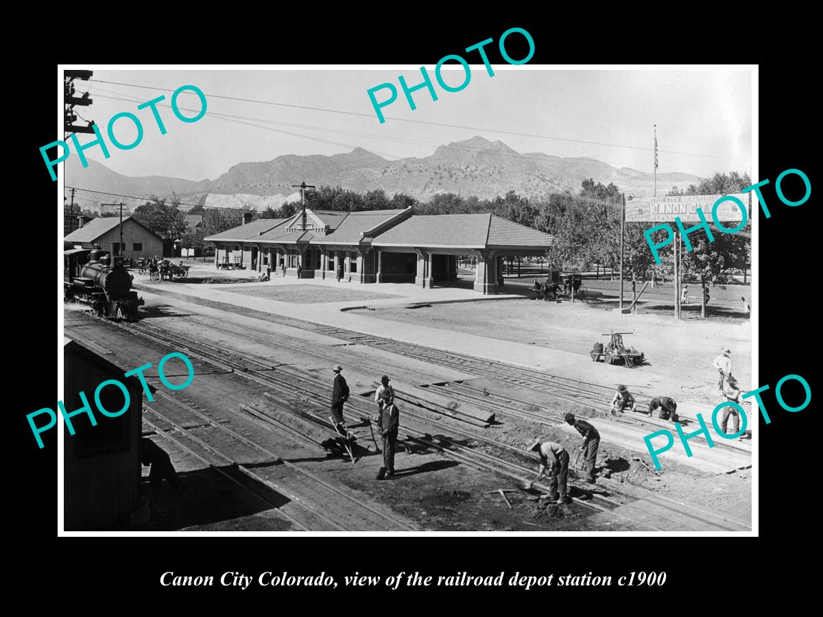 OLD LARGE HISTORIC PHOTO OF CANON CITY COLORADO, VIEW OF THE RAILROAD DEPOT 1900