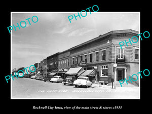 OLD LARGE HISTORIC PHOTO OF ROCKWELL CITY IOWA, THE MAIN STREET & STORES c1955