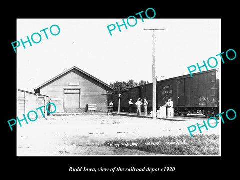 OLD LARGE HISTORIC PHOTO OF RUDD IOWA, THE RAILROAD DEPOT STATION c1920