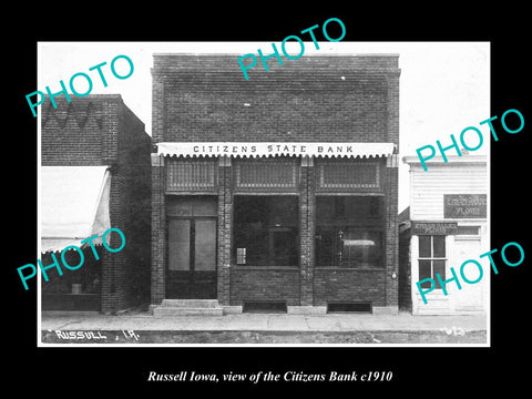 OLD LARGE HISTORIC PHOTO OF RUSSELL IOWA, VIEW OF THE CITIZENS BANK c1910