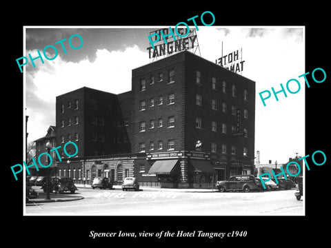 OLD LARGE HISTORIC PHOTO OF SPENCER IOWA, VIEW OF THE HOTEL TANGNEY c1940