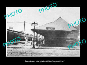 OLD LARGE HISTORIC PHOTO OF TAMA IOWA, THE RAILROAD DEPOT STATION c1920