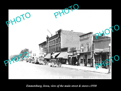 OLD LARGE HISTORIC PHOTO OF EMMETSBURG IOWA, VIEW OF MAIN ST & STORES c1930