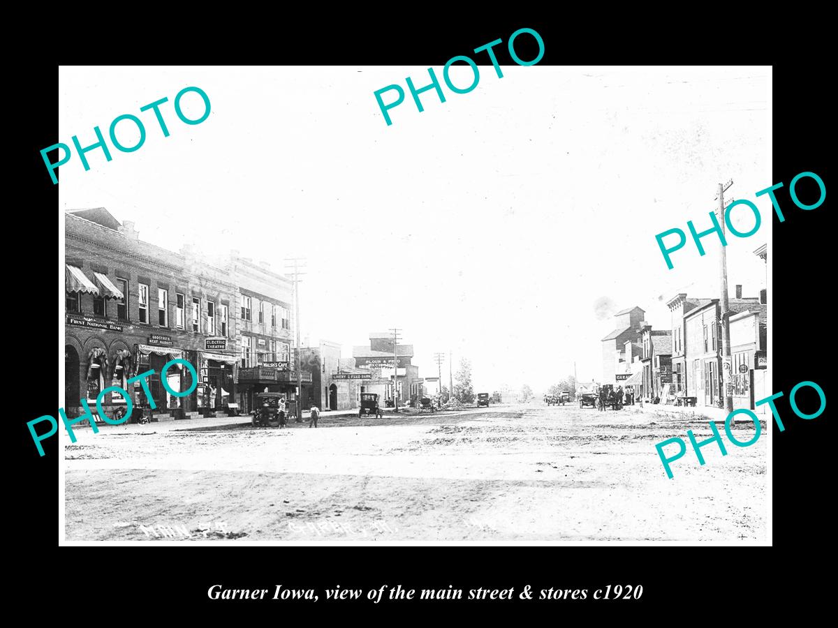 OLD LARGE HISTORIC PHOTO OF GARNER IOWA, VIEW OF THE MAIN ST & STORES c1920