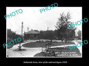 OLD LARGE HISTORIC PHOTO OF INDIANOLA IOWA, VIEW OF THE RAILROAD DEPOT c1920