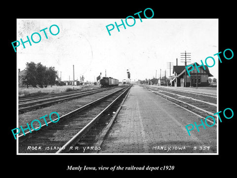 OLD LARGE HISTORIC PHOTO OF MANLY IOWA, VIEW OF THE RAILROAD DEPOT c1920