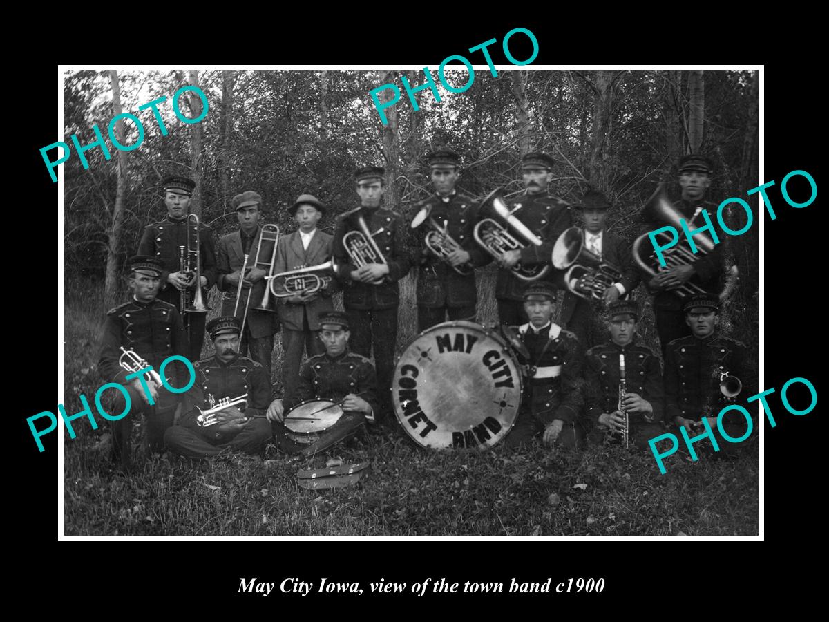 OLD LARGE HISTORIC PHOTO OF MAY CITY IOWA, VIEW OF THE TOWN BRASS BAND c1900