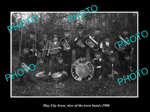 OLD LARGE HISTORIC PHOTO OF MAY CITY IOWA, VIEW OF THE TOWN BRASS BAND c1900