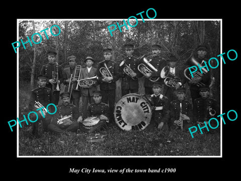 OLD LARGE HISTORIC PHOTO OF MAY CITY IOWA, VIEW OF THE TOWN BRASS BAND c1900