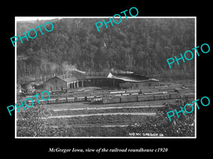 OLD LARGE HISTORIC PHOTO OF McGREGOR IOWA, VIEW OF RAILROAD ROUND HOUSE c1920